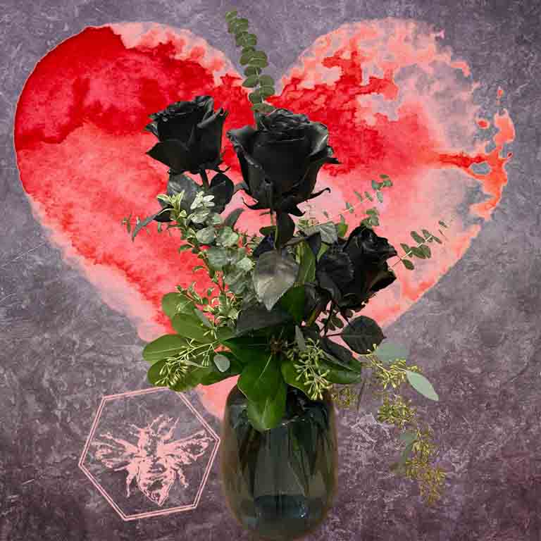 Black roses in a vase with a red heart-shaped watercolor design on a gray background.