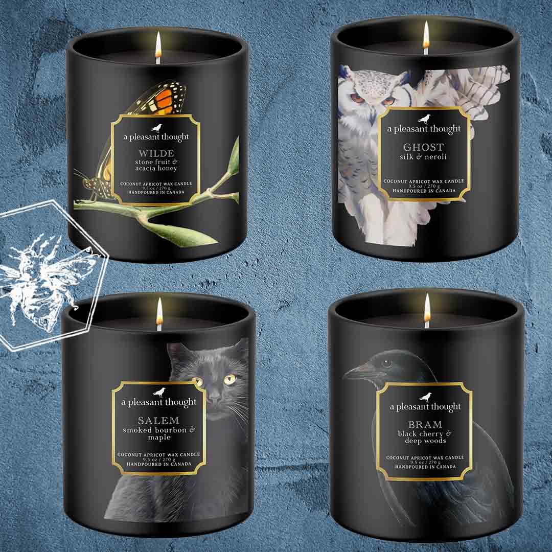 Wood wick candles with bird, mammal and insect themes