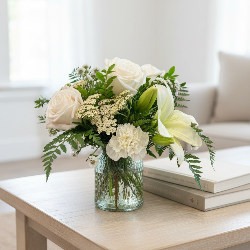 Bouquet of white flowers in a clear vase on a wooden table with a light background