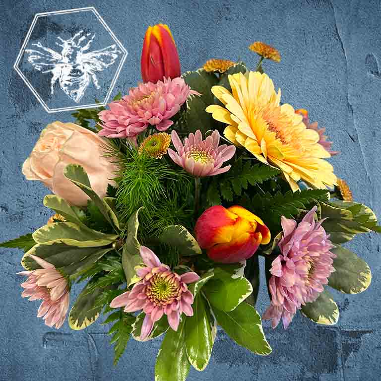 Bouquet of colorful flowers on a textured blue background with a bee icon.