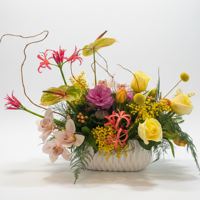 Bespoke modern artisanal designers choice luxurious fresh flower arrangement centerpiece with elevated creativity and sophisticated presence 