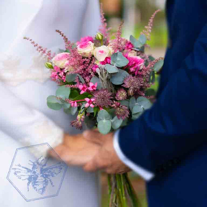 Soft pinks and whites wedding bouquet with  fresh eucalyptus by The B Nest Studios