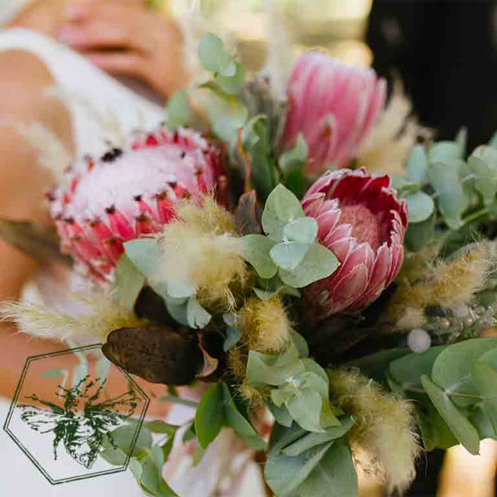 Soft tropical wedding bouquet featuring Protea floral accents by The B Nest Studios