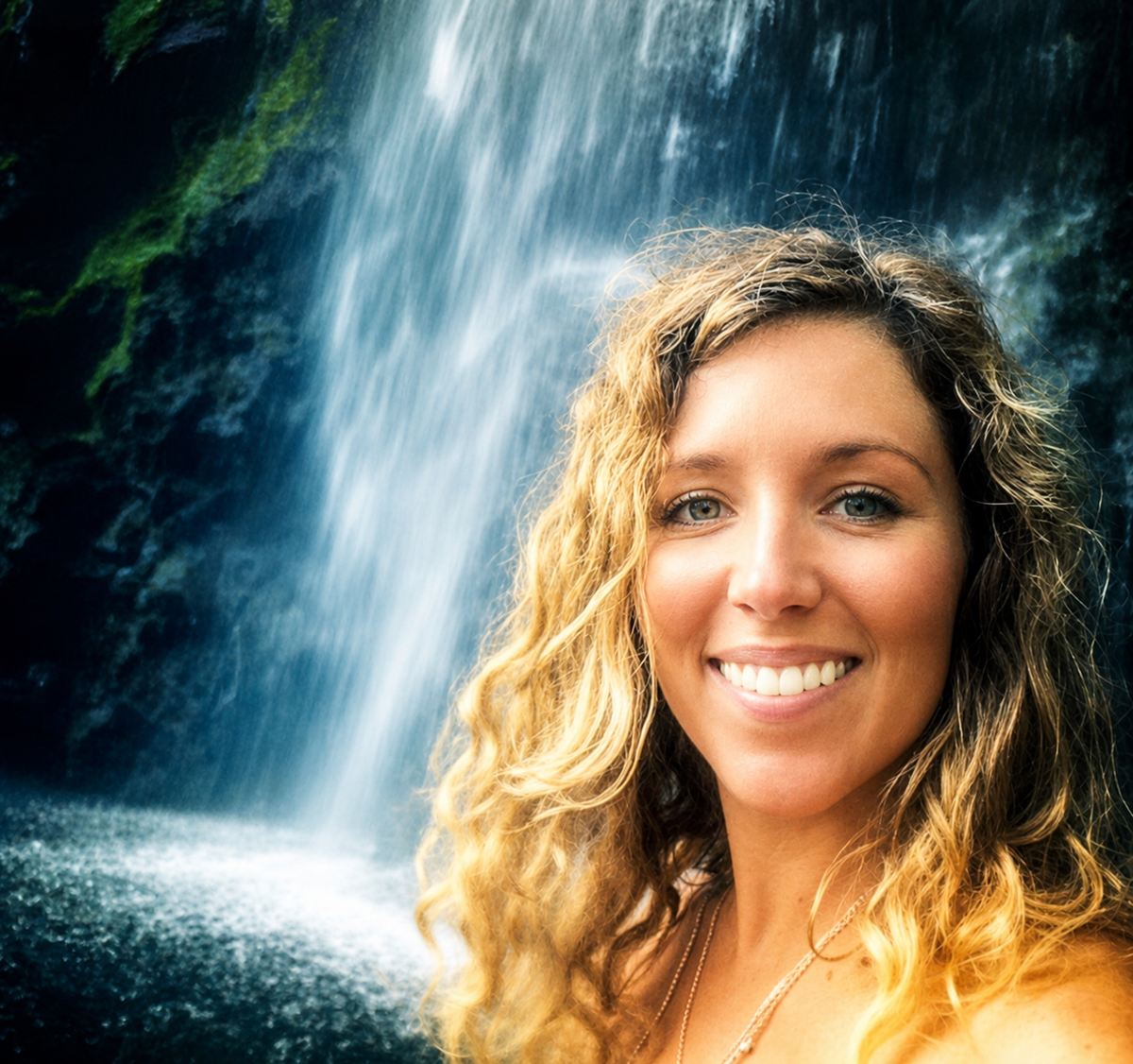 A smiling woman with long curly blonde hair poses in front of a powerful waterfall cascading down a dark rocky cliff.