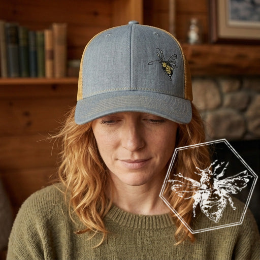 A woman wearing a light blue heather trucker-style baseball cap with a tan mesh back and an embroidered bee on the front. The photo is taken in a rustic indoor setting with wooden shelves and a stone wall in the background.