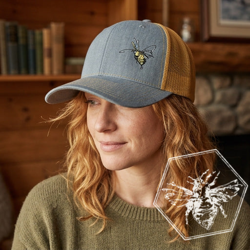 Woman with wavy auburn hair wearing a heather grey and tan mesh-back trucker hat with an embroidered bee design, paired with an olive green sweater, in front of a wooden bookshelf background.