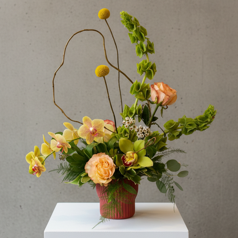 Bespoke modern artisanal designers choice luxurious fresh flower arrangement with elevated creativity and sophisticated presence 