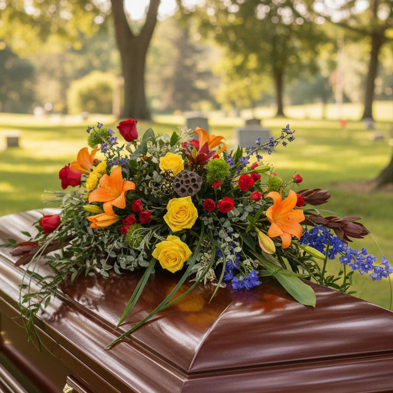 colorful casket spray at an outdoor service 