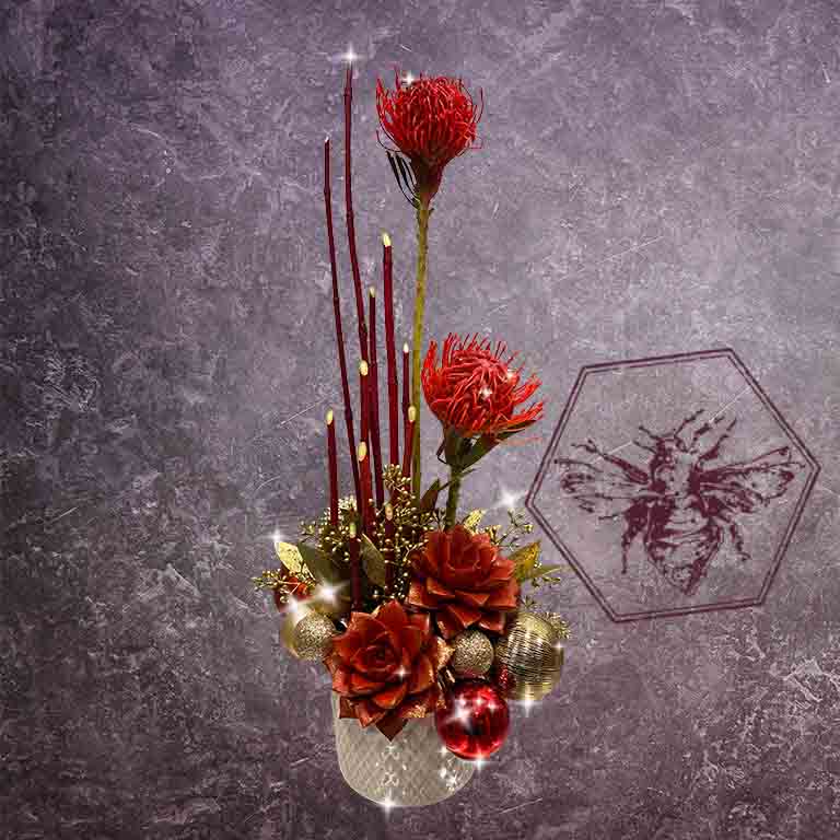 Modern seasonal flower arrangement with elevated feel and luxurious artisanal tone creatively and carefully crafted from the finest flowers and textures representing the season of the year 