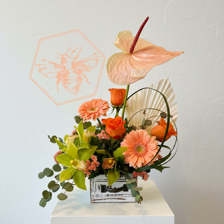Modern arranged flowers with anthurium, roses fern, pussy willows and orchids with complimentary greenery in a ceramic pot