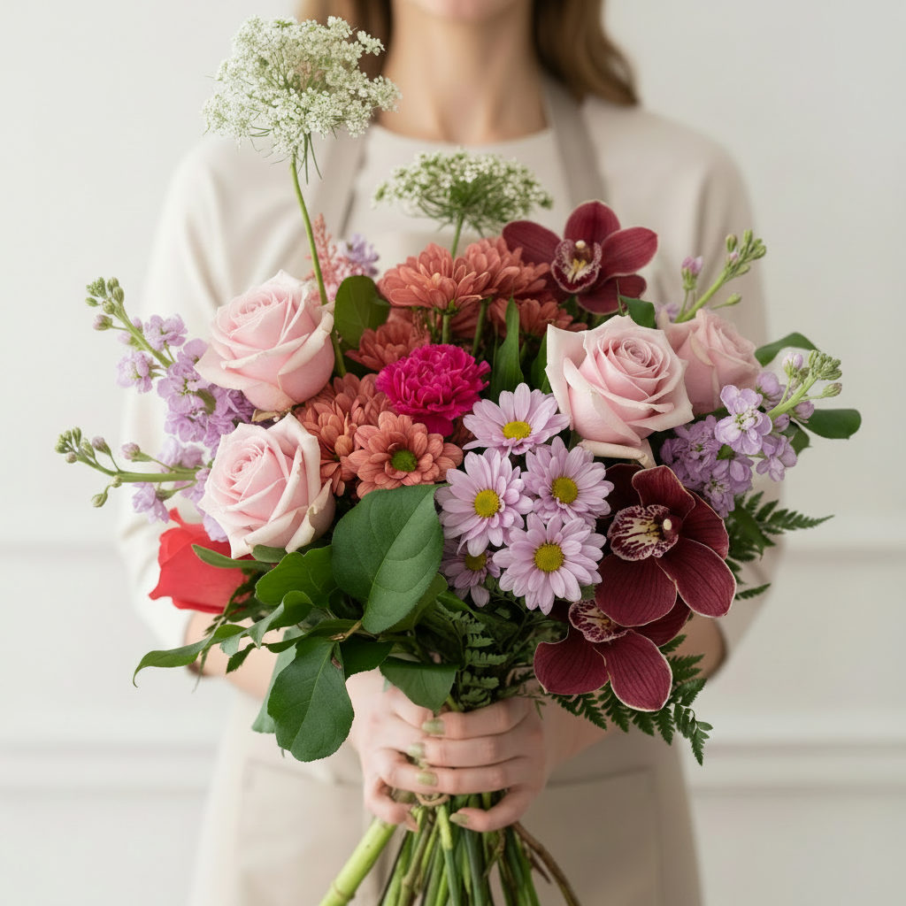 Woman holding a bouquet of colorful flowers against a plain background