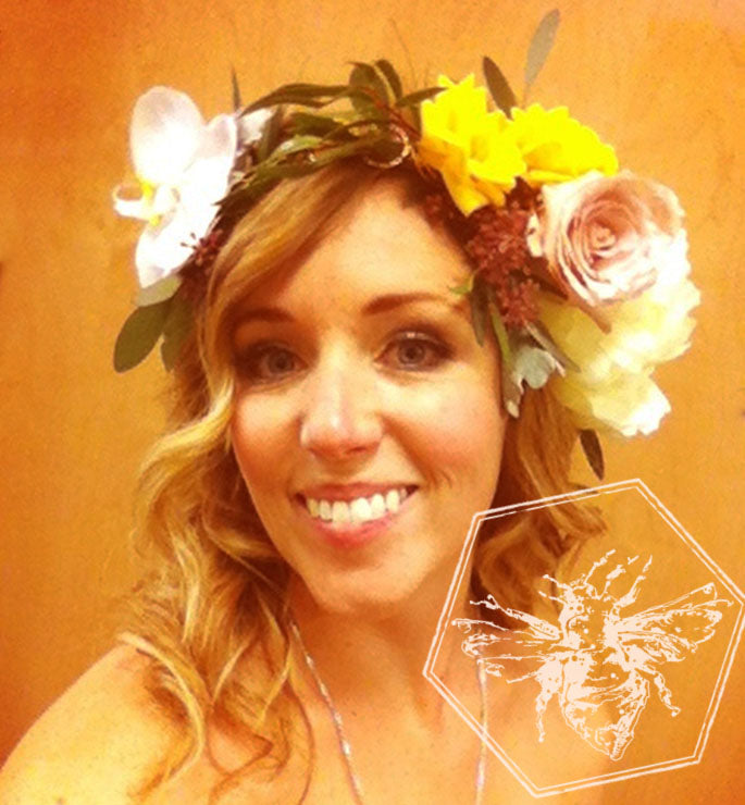 Hair crown florals featuring orchids and roses by The B Nest Studios