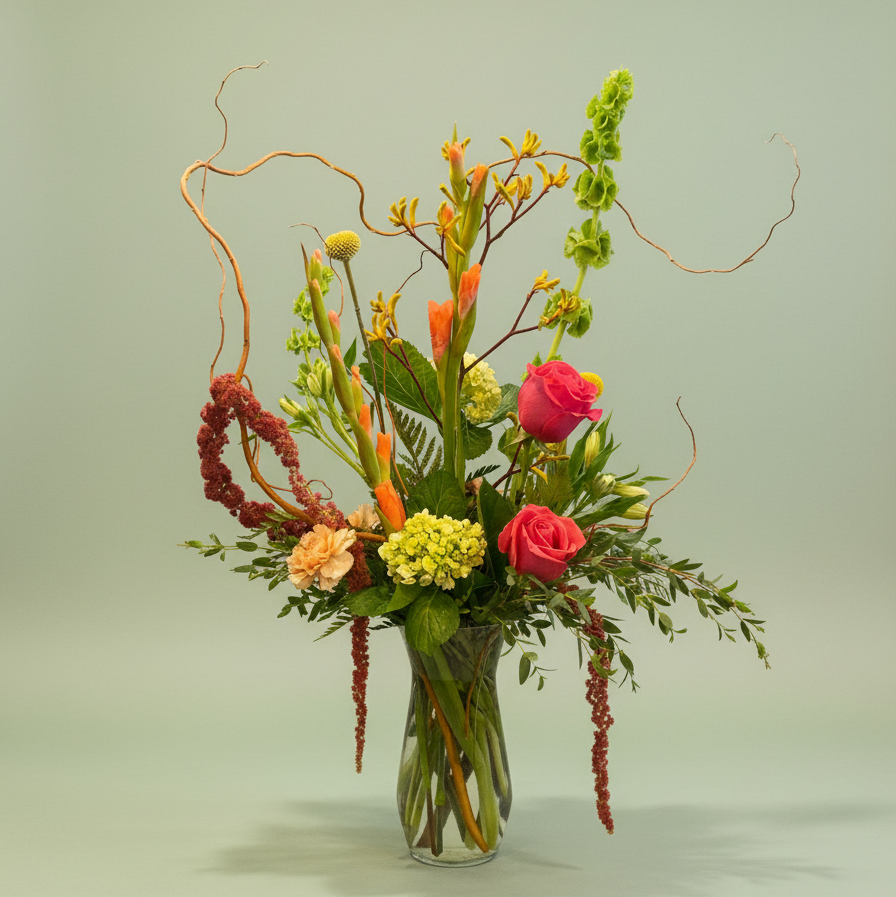 Bespoke modern artisanal designers choice luxurious fresh flower arrangement with elevated creativity and sophisticated presence with gladiolas and kangaroo paw
