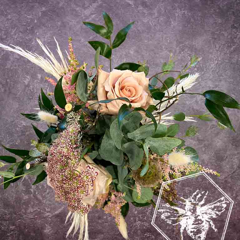 Bouquet of flowers with a bee illustration on a textured gray background