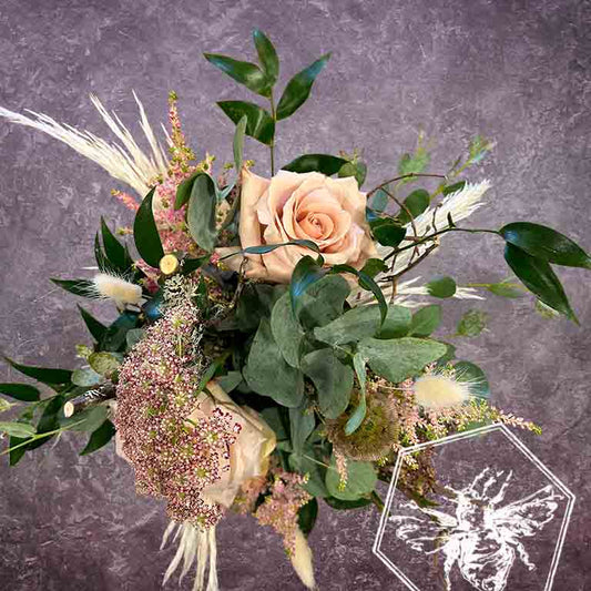 Bouquet of flowers with a bee illustration on a textured gray background