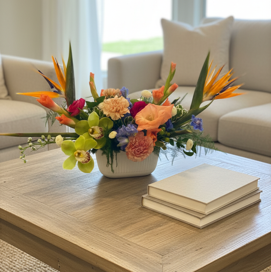 Creative fresh modern arranged tropical birds of paradise arranged with an assortment of complimentary flowers with greens and beautiful elevated accents in a lifestyle setting