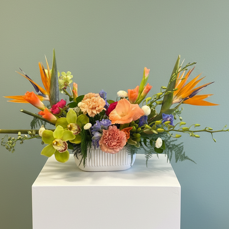 Creative fresh modern arranged tropical birds of paradise arranged with an assortment of complimentary flowers with greens and beautiful elevated accents