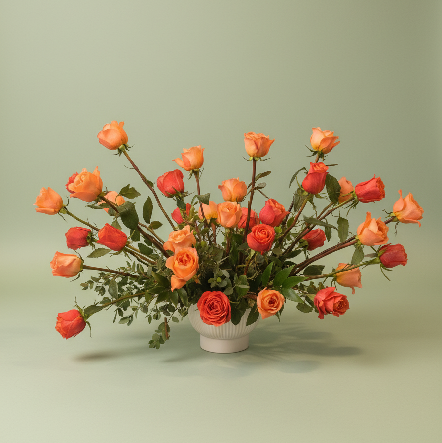 A modern arrangement of fresh cut roses with eucalyptus, Spanish moss, and complimentary greenery.