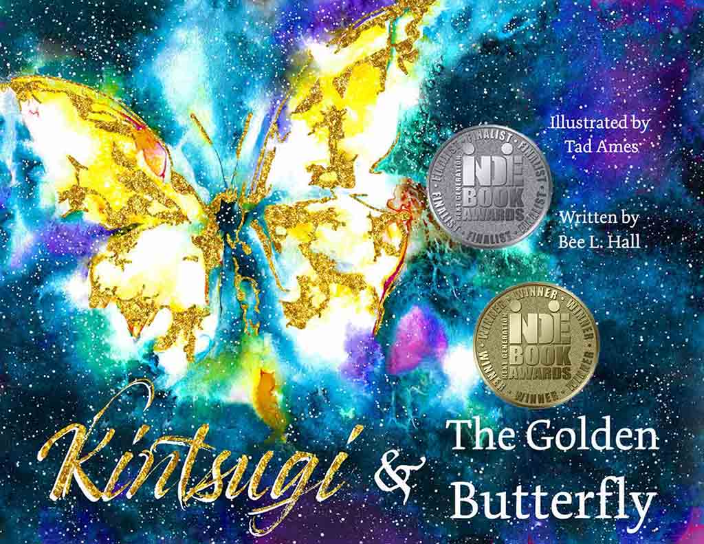 Book cover for "Kintsugi and the Golden Bee" children's story, featuring award seals
