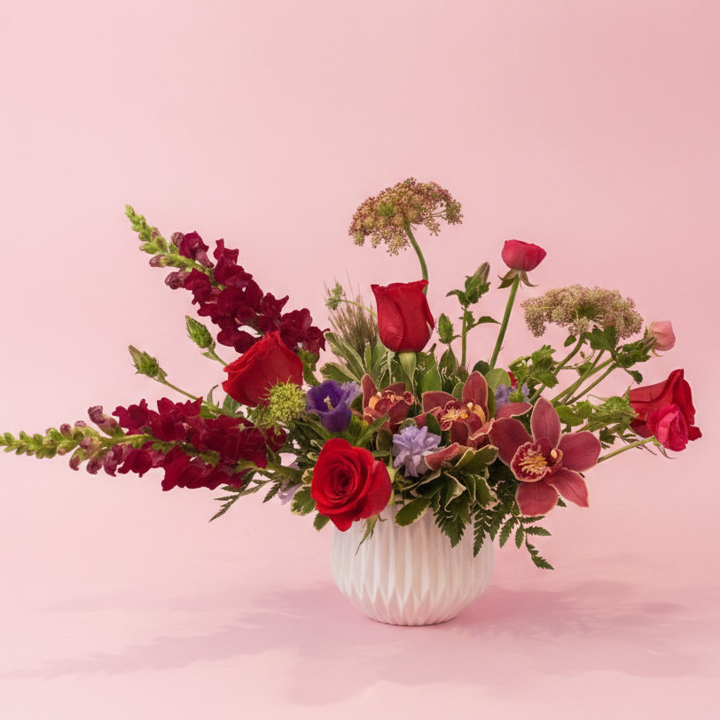 All of the colors of love wrapped up in modern luxurious fresh floral creative brilliance featuring red roses, orchids, snap dragons and queen Anne's lace. 