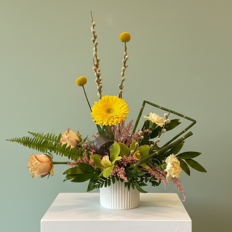 Fresh spring flowers creatively arranged in a ceramic pot with a modern style and luxurious tone with elevated care to every detail featuring yellow Gerber daisies and pussy willows 