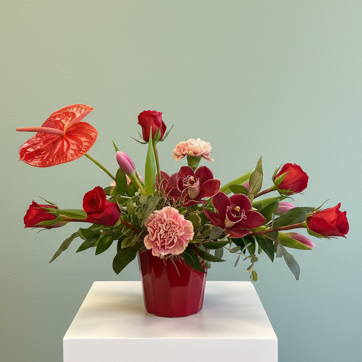 All of the colors of love wrapped up in modern luxurious fresh floral creative brilliance featuring red roses, red anthurium, purple tulips and deep giant cymbidium orchids
