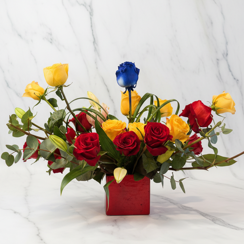 Modern floral arrangement with red, yellow, and blue roses in a red vase on a marble background