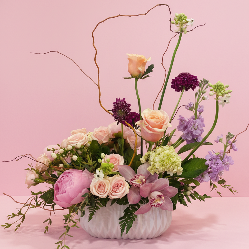 All of the colors of love wrapped up in modern luxurious fresh floral creative brilliance featuring pink orchids, pastel roses, light spray roses, a pink peony accented perfectly with greens and twig