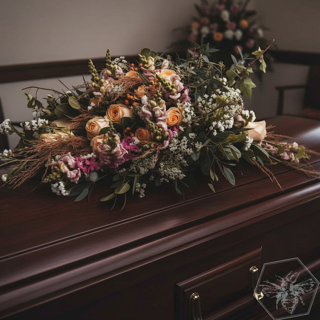 pastel casket spray on a dark wooden casket