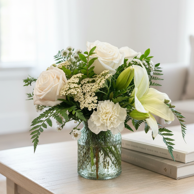 Bouquet of white flowers in a clear vase on a wooden table with a light background