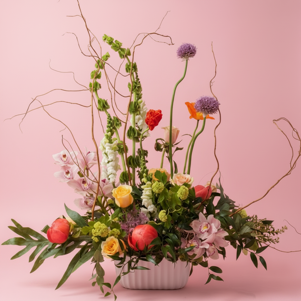 Bespoke modern artisanal designers choice luxurious fresh flower arrangement with elevated creativity and sophisticated presence with peonies and roses