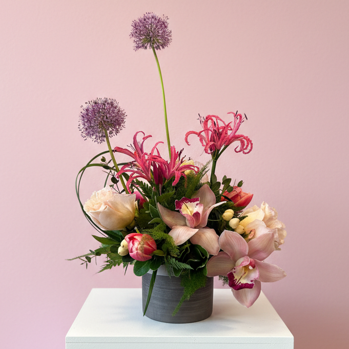 romantic creative floral celebration with roses mini cymbidium orchids Noreen lilies tulips and allium