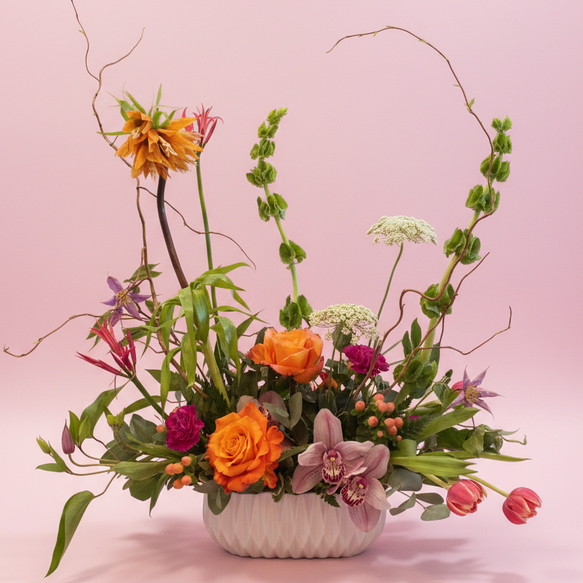 Fresh spring flowers creatively arranged in a ceramic pot with a modern style and luxurious tone with elevated care to every detail featuring tulips, roses, bells of Ireland, orchids and more