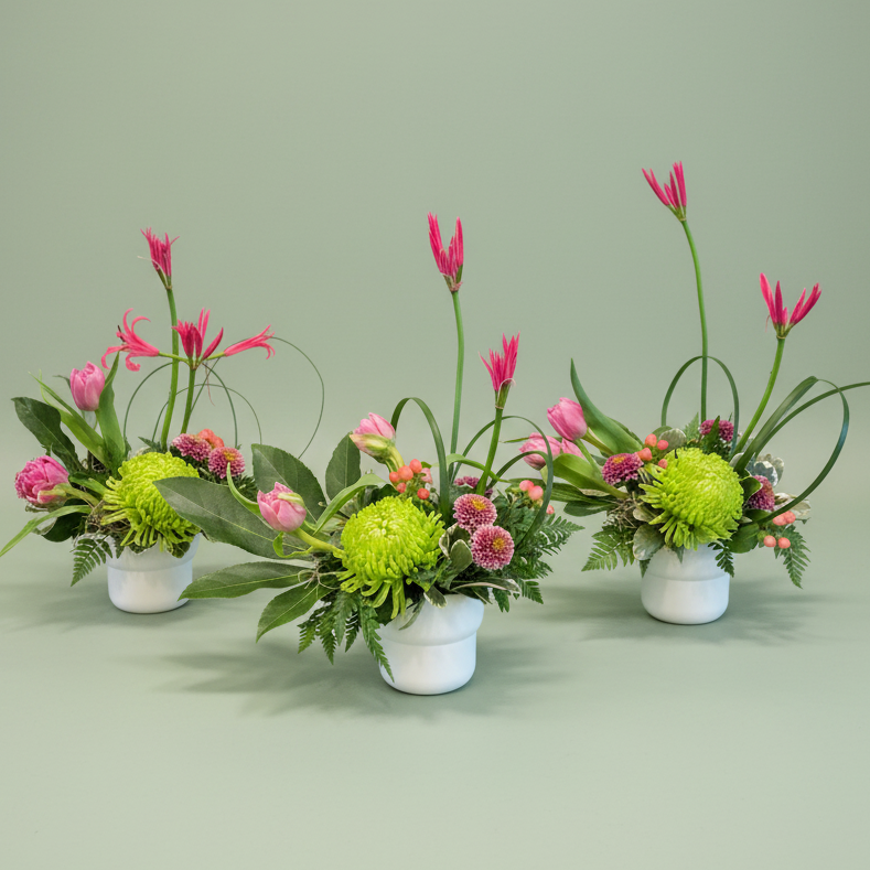 Fresh spring flowers creatively arranged in a ceramic pot with a modern style and luxurious tone with elevated care to every detail featuring tulips, mums, Nerine lilies and luxurious greens