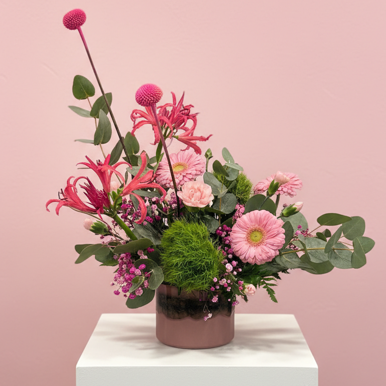 Fresh spring flowers creatively arranged in a ceramic pot with a modern style and luxurious tone with elevated care to every detail 