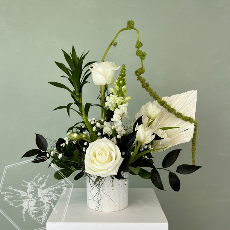 Vertical modern florals featuring white roses 