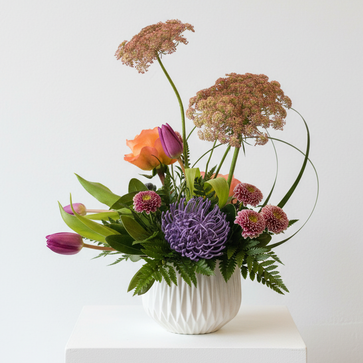 Bespoke modern artisanal designers choice luxurious fresh flower arrangement with elevated creativity and sophisticated presence 