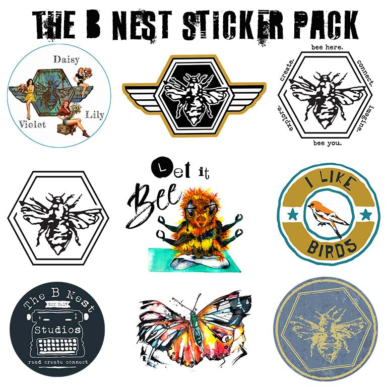 A collage of nine bee-themed sticker designs under the title 'THE B NEST STICKER PACK' on a white background. Designs include illustrated bees, butterflies, birds, a typewriter with text, and circular/rounded stamps in black, white, blue, yellow, orange, and multicolor styles.