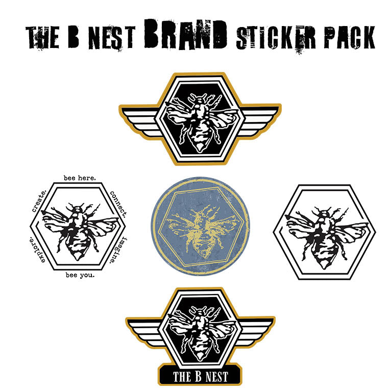 The B Nest Brand Sticker Pack featuring five different bee-themed stickers on a white background, including two hexagonal winged designs, one circular blue and gold design, and two black and white hexagonal designs with text.