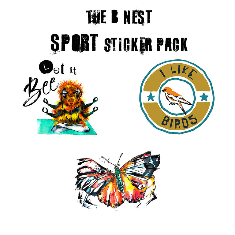 Three colorful sticker designs on a white background with the text 'THE B NEST SPORT STICKER PACK' at the top. The designs include a lion meditating on a teal mat with the text 'Let it Bee', a circular badge with a bird and the text 'I LIKE BIRDS', and a watercolor butterfly in orange, pink, black, and white.