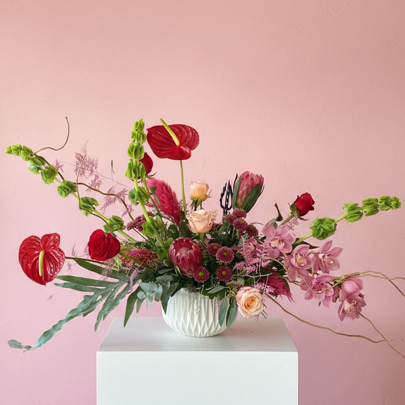 All of the colors of love wrapped up in modern luxury fresh floral creative brilliance featuring full stems of cymbidium orchids, anthurium and tropical protea