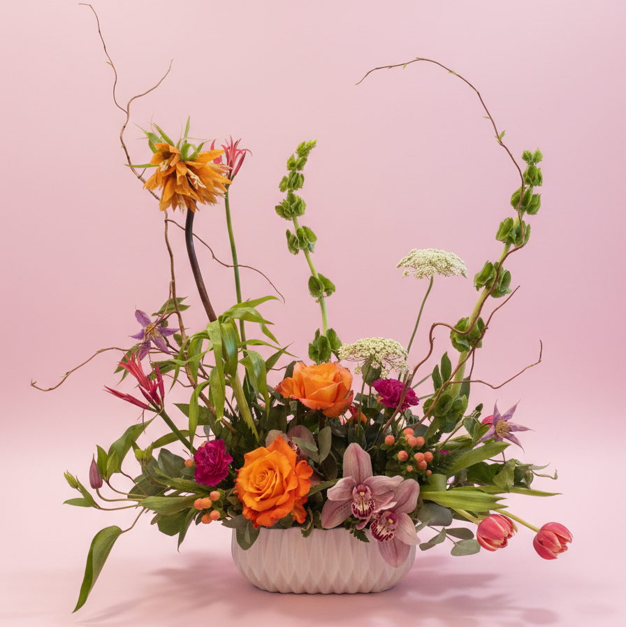 Bespoke modern artisanal designers choice luxurious fresh flower arrangement with elevated creativity and sophisticated presence 