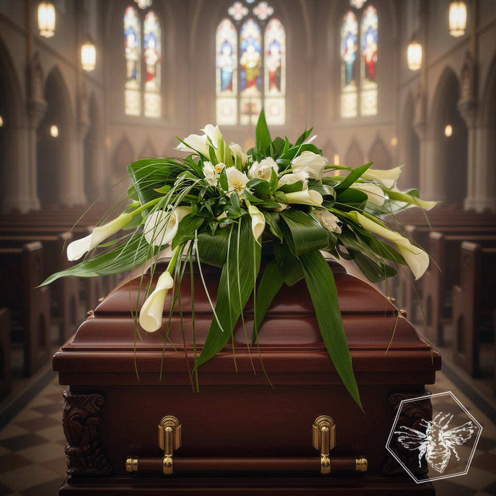 White calla lily casket spray with green leaves against a church service background