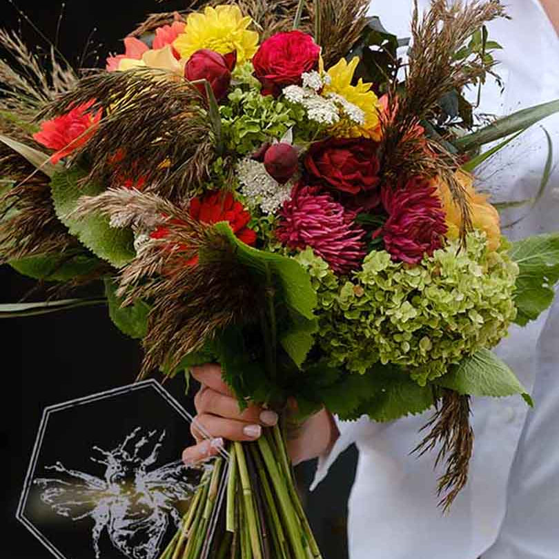 Bouquet of colorful flowers held by a person against a black background